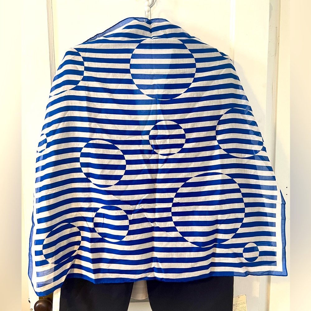 Perry Ellis Blue and White Striped Scarf with Graphic Circles